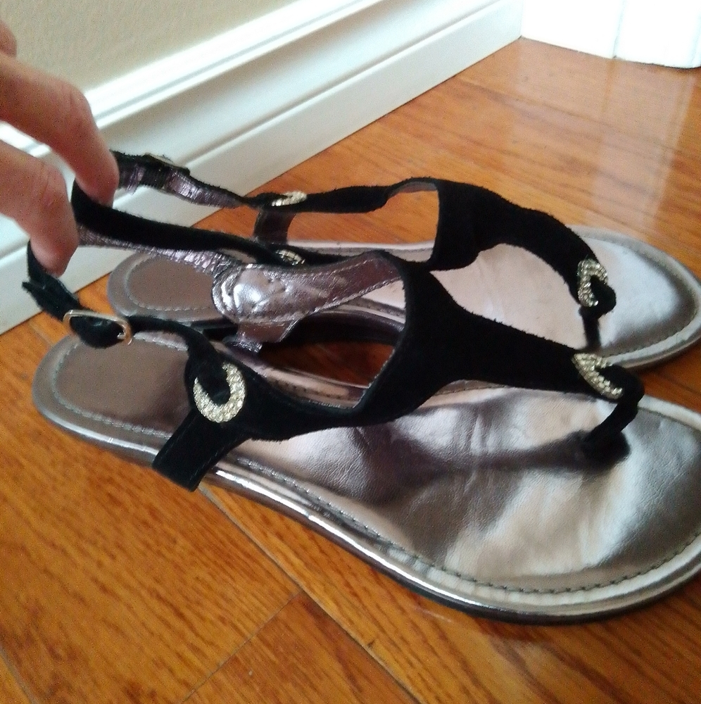Suede Thong Sandals, White Gemstones , Black (Size 9)